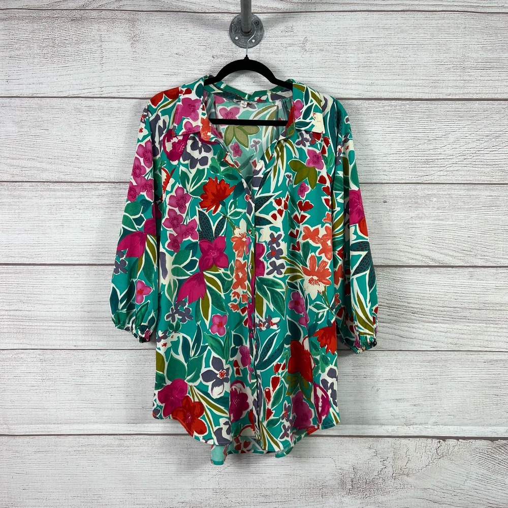 Umgee Colorful Bright Spring Floral Button Front Blouse Size Large